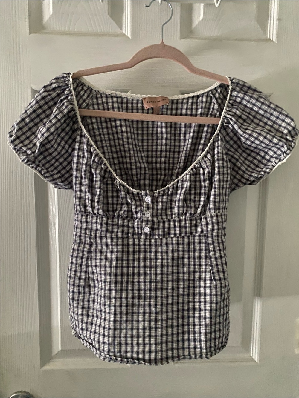 Puff Sleeve Checked Peasant Blouse in Blue and White